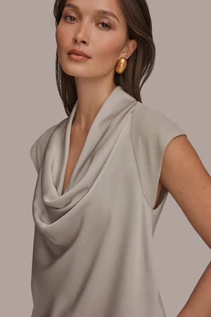 MIXED MEDIA COWL-NECK TOP