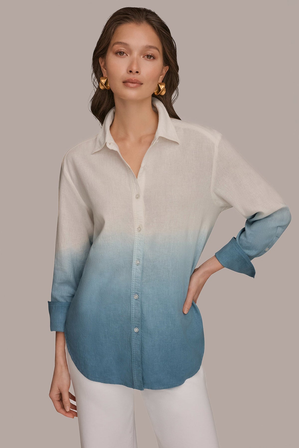 LINEN-BLEND DIP-DYED STRIPED SHIRT