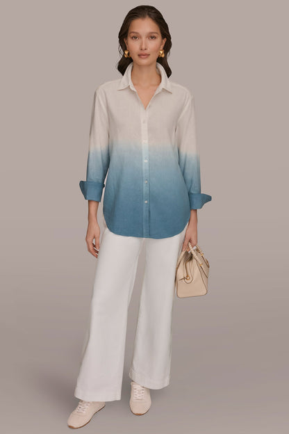 LINEN-BLEND DIP-DYED STRIPED SHIRT