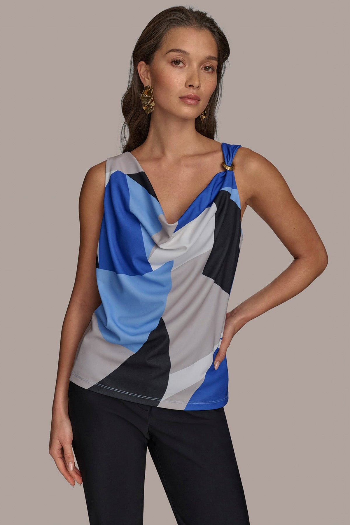 PRINTED COWL NECK TOP