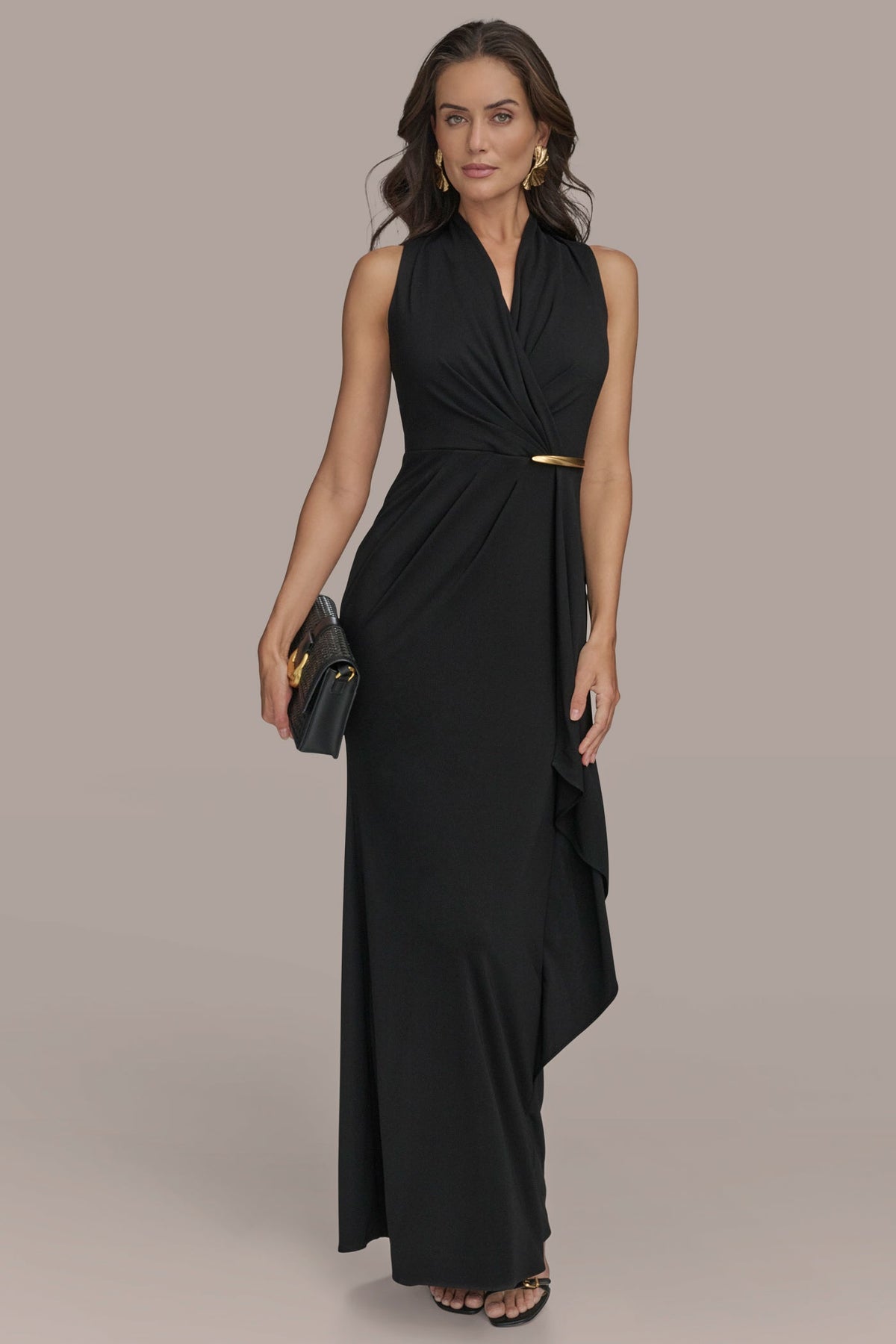SLEEVELESS WRAP RUFFLE MAXI GOWN