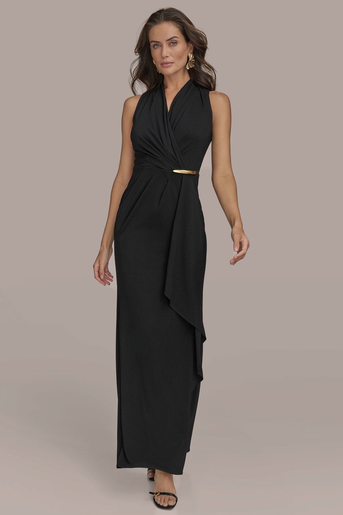 SLEEVELESS WRAP RUFFLE MAXI GOWN