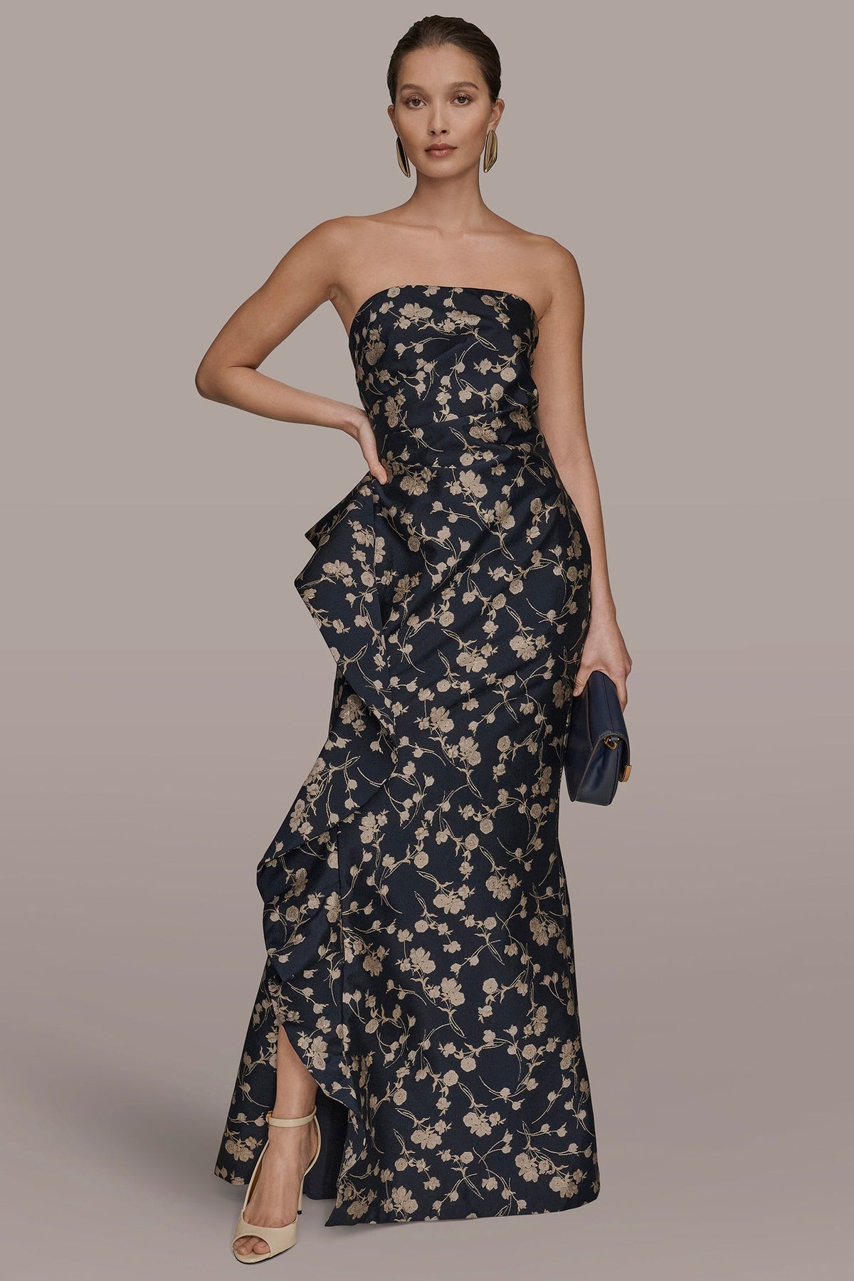 STRAPLESS FLORAL RUFFLED HIGH-SPLIT GOWN