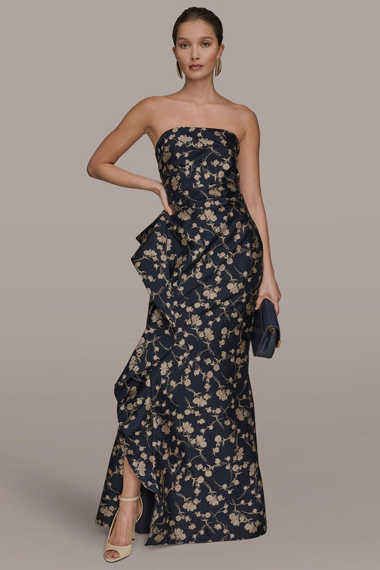 STRAPLESS FLORAL RUFFLED HIGH-SPLIT GOWN