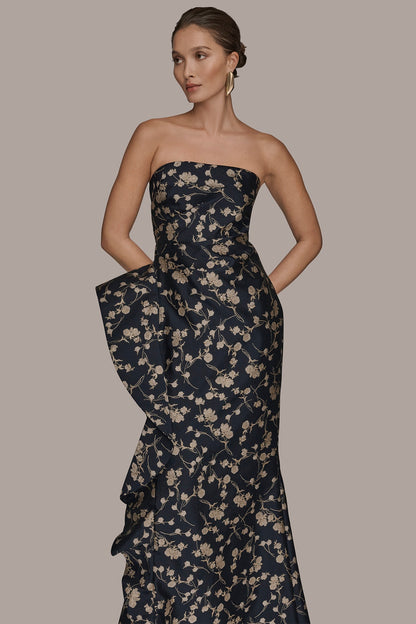 STRAPLESS FLORAL RUFFLED HIGH-SPLIT GOWN