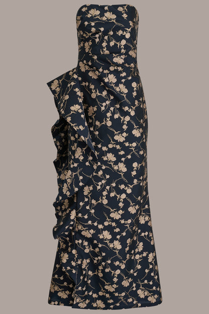 STRAPLESS FLORAL RUFFLED HIGH-SPLIT GOWN