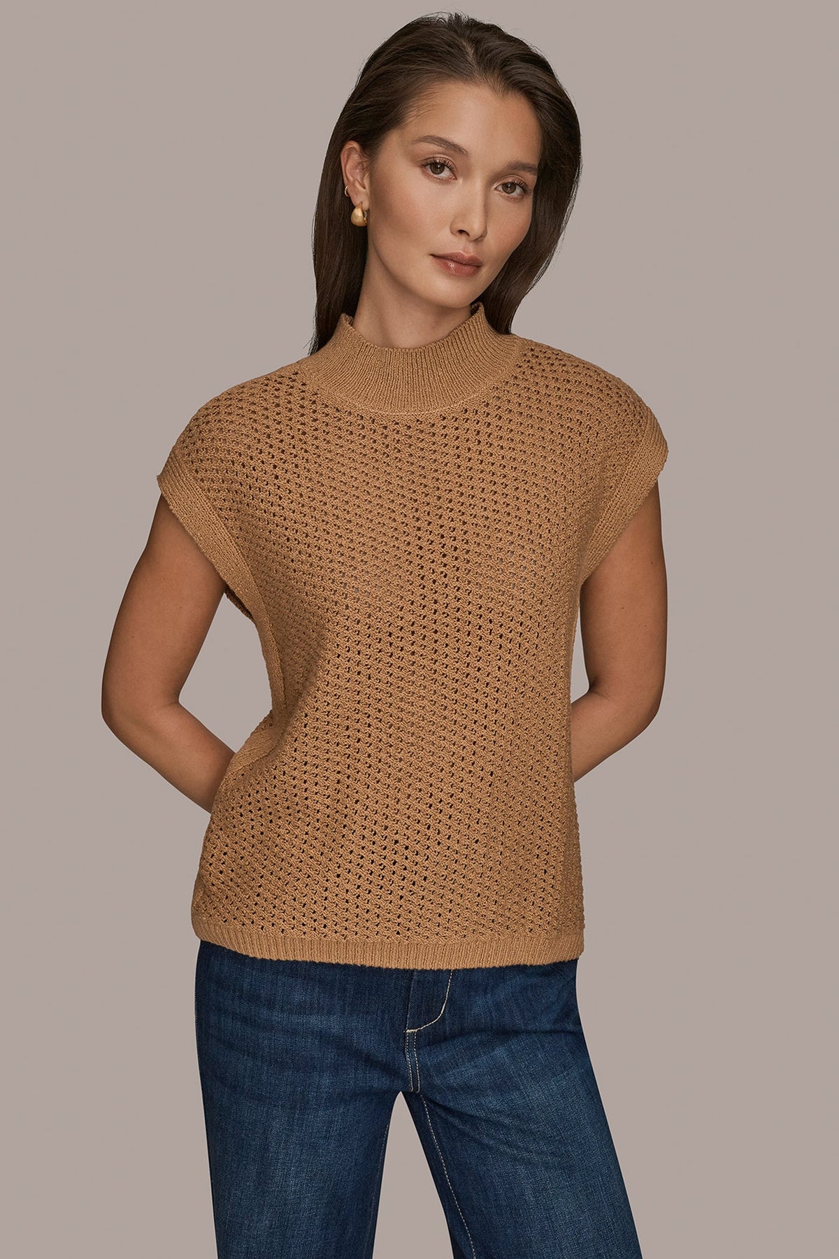 SLEEVELESS MOCK-NECK OPEN STITCH SWEATER