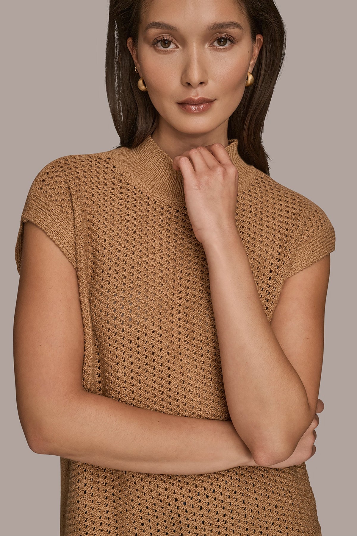 SLEEVELESS MOCK-NECK OPEN STITCH SWEATER