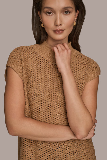 SLEEVELESS MOCK-NECK OPEN STITCH SWEATER