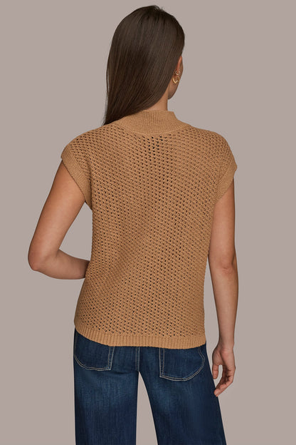 SLEEVELESS MOCK-NECK OPEN STITCH SWEATER