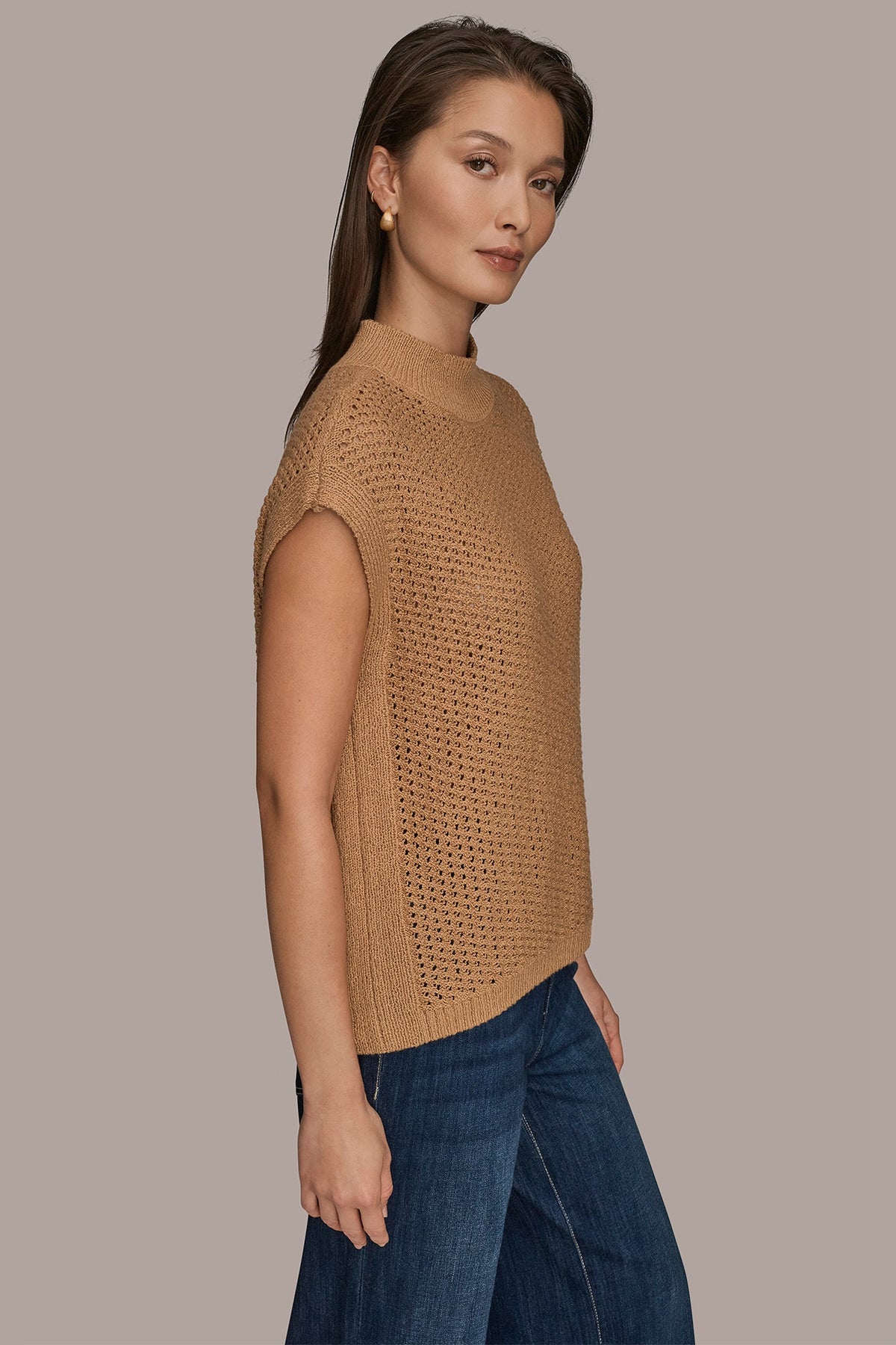 SLEEVELESS MOCK-NECK OPEN STITCH SWEATER