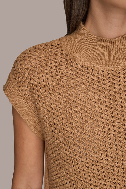 SLEEVELESS MOCK-NECK OPEN STITCH SWEATER