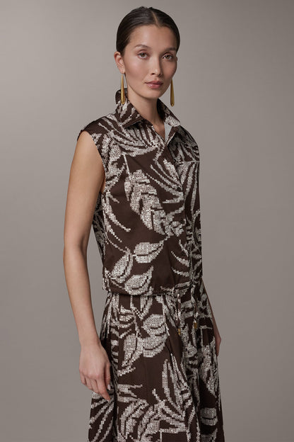SLEEVELESS PRINT DRAWSTRING HEM BLOUSE