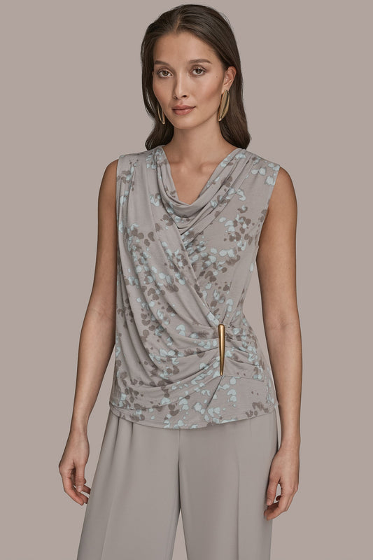 PRINTED SLEEVELESS COWL-NECK WRAP TOP