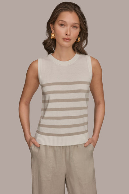 COTTON AND CASHMERE SLEEVELESS STRIPED SWEATER