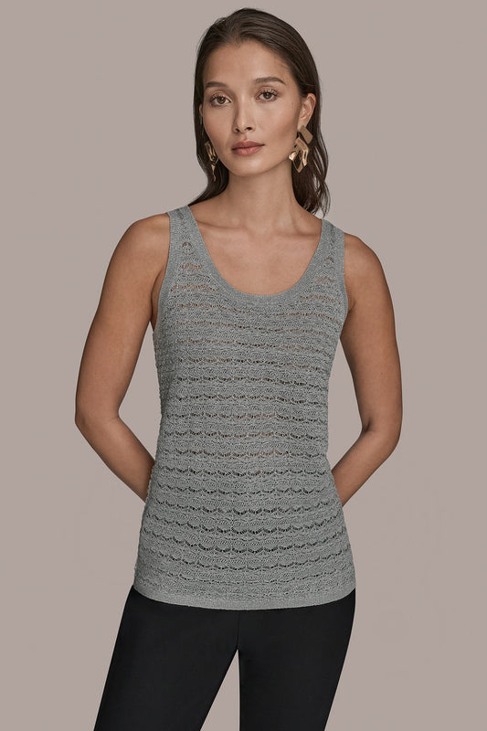 SLEEVELESS SCOOP-NECK POINTELLE SHELL SWEATER