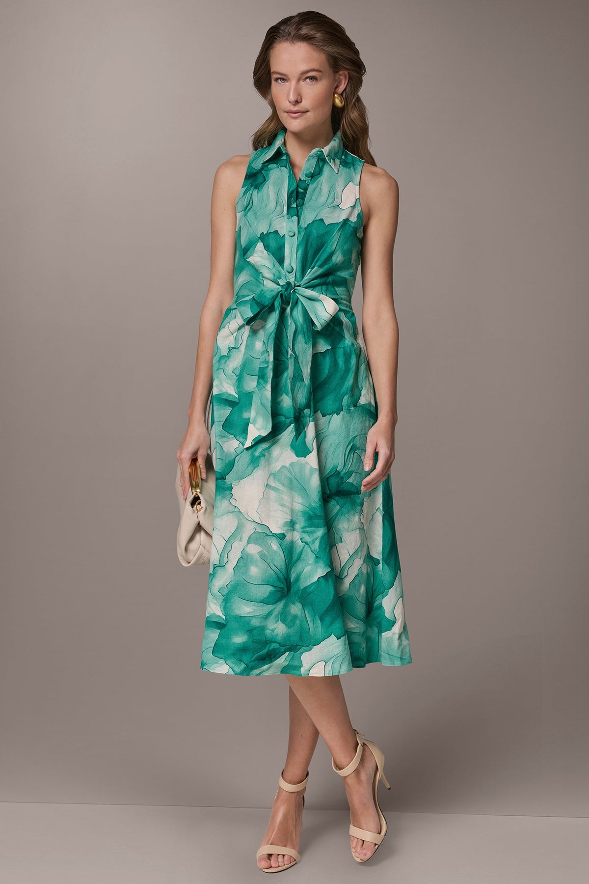 LINEN-BLEND FLORAL MIDI SHIRT DRESS