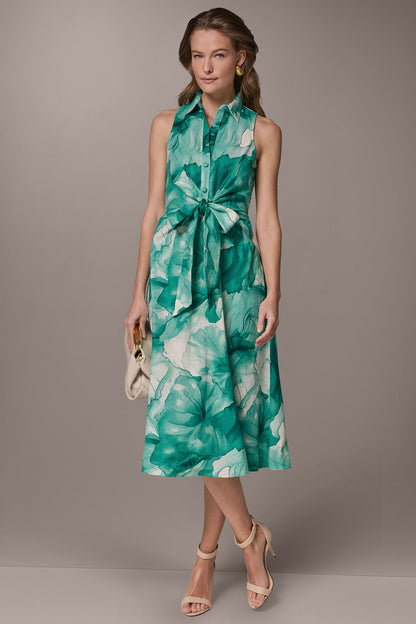 LINEN-BLEND FLORAL MIDI SHIRT DRESS