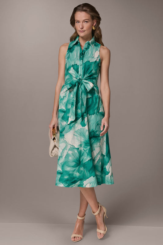 LINEN-BLEND FLORAL MIDI SHIRT DRESS