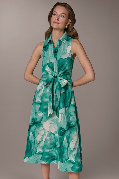 LINEN-BLEND FLORAL MIDI SHIRT DRESS