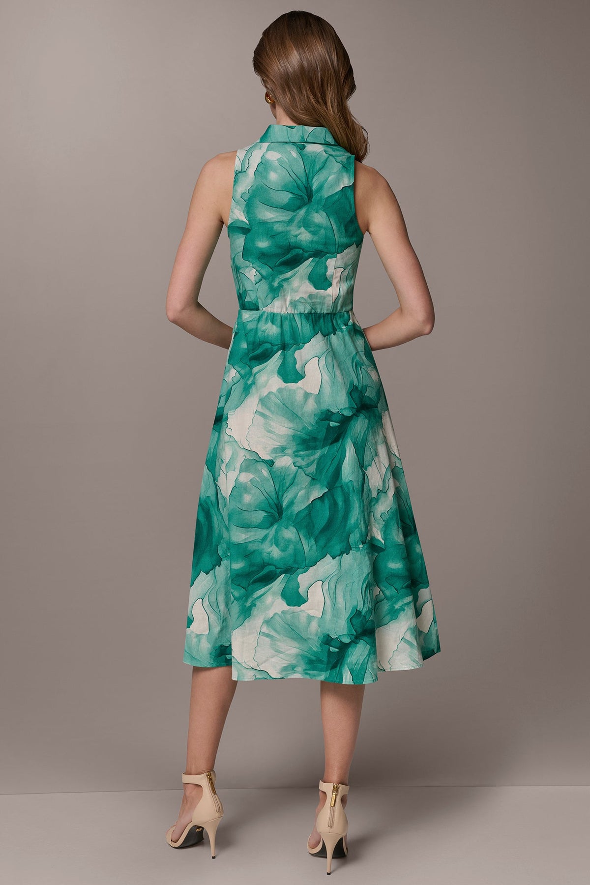 LINEN-BLEND FLORAL MIDI SHIRT DRESS