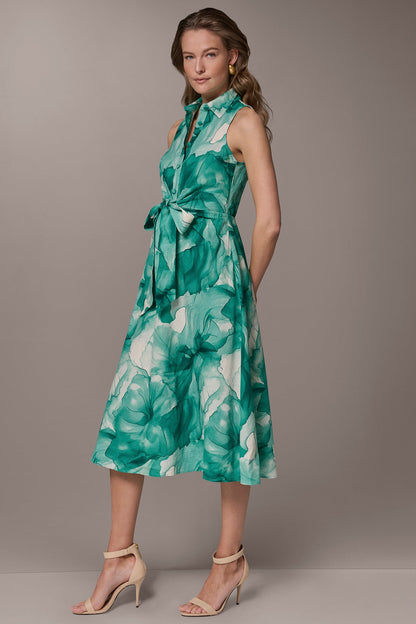 LINEN-BLEND FLORAL MIDI SHIRT DRESS