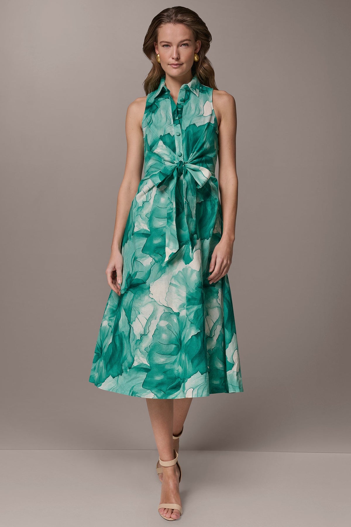 LINEN-BLEND FLORAL MIDI SHIRT DRESS
