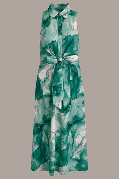 LINEN-BLEND FLORAL MIDI SHIRT DRESS