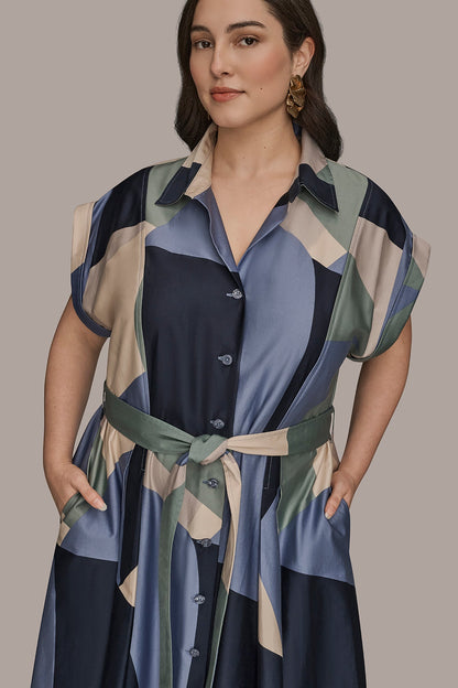 COTTON PRINTED MIDI SHIRT DRESS