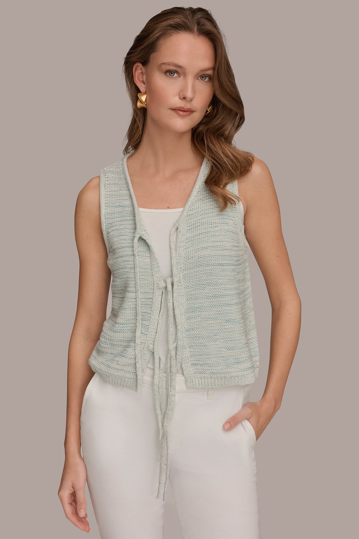 SLEEVELESS TIE-FRONT CARDIGAN