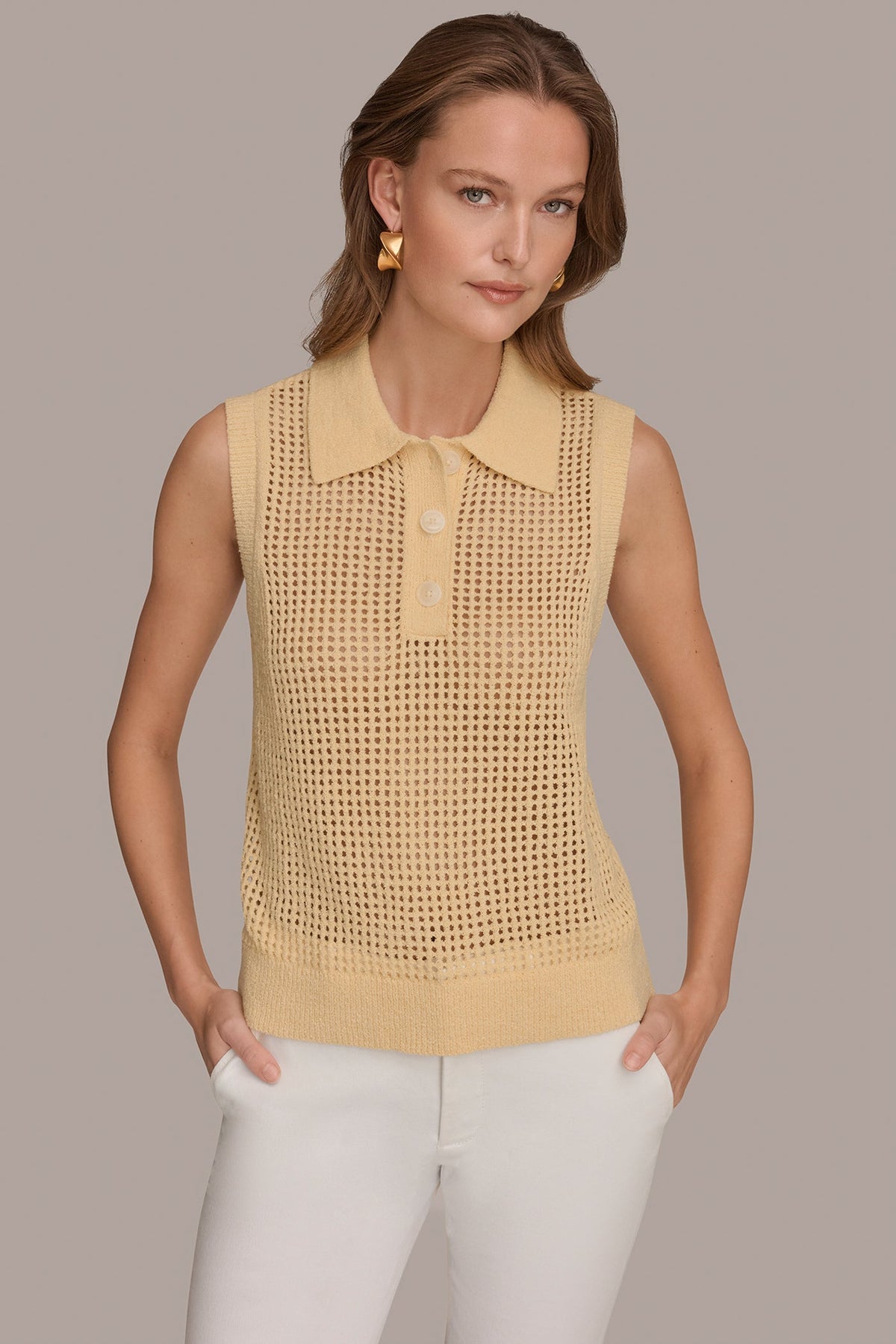 SLEEVELESS OPEN STITCH POLO SWEATER