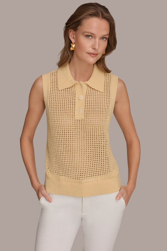 SLEEVELESS OPEN STITCH POLO SWEATER