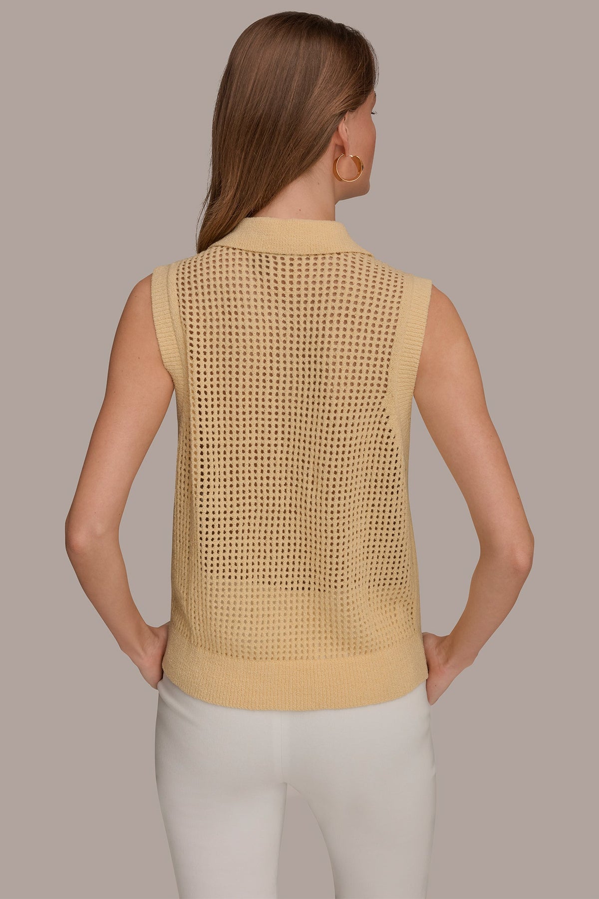 SLEEVELESS OPEN STITCH POLO SWEATER