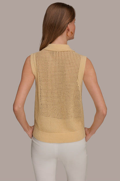 SLEEVELESS OPEN STITCH POLO SWEATER