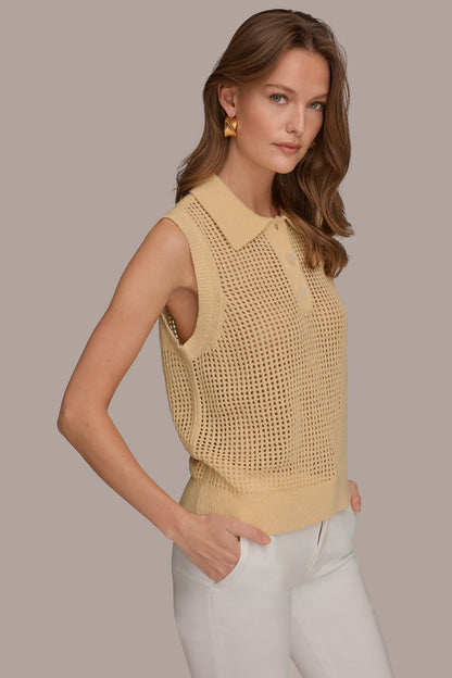 SLEEVELESS OPEN STITCH POLO SWEATER