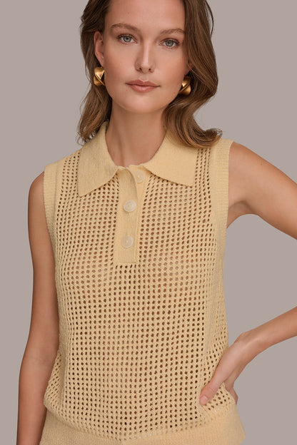 SLEEVELESS OPEN STITCH POLO SWEATER