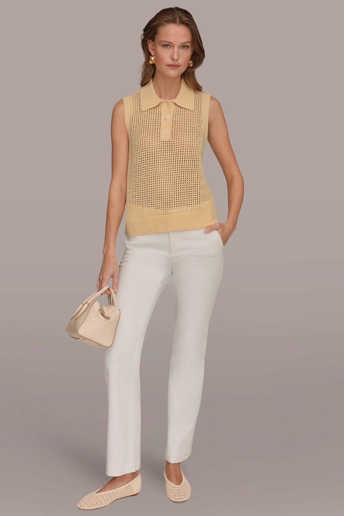 SLEEVELESS OPEN STITCH POLO SWEATER