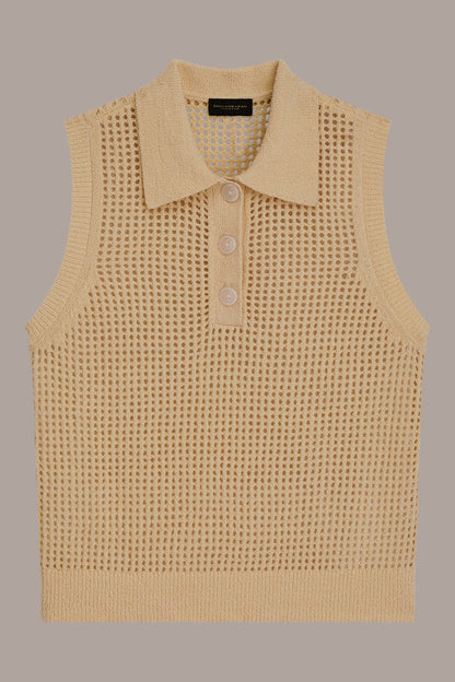 SLEEVELESS OPEN STITCH POLO SWEATER
