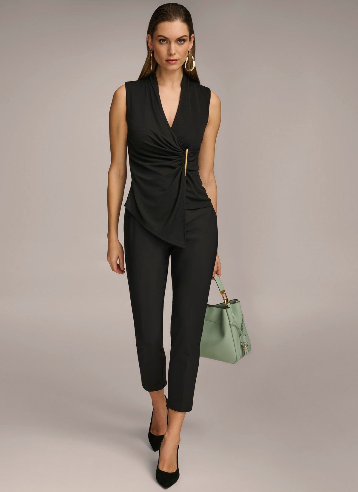 V NECK TOP WITH HARDWARE AND RUCHED DETAIL