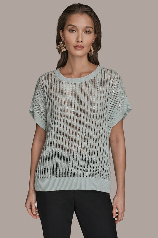 COTTON-BLEND SEQUIN OPEN-KNIT SWEATER