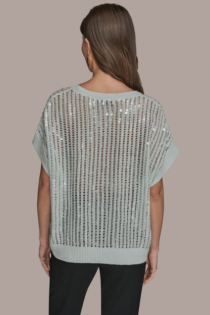 COTTON-BLEND SEQUIN OPEN-KNIT SWEATER