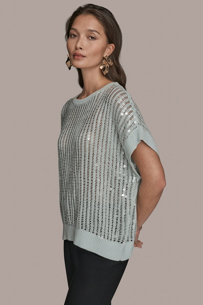COTTON-BLEND SEQUIN OPEN-KNIT SWEATER
