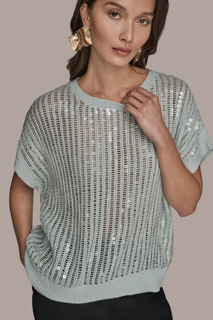 COTTON-BLEND SEQUIN OPEN-KNIT SWEATER