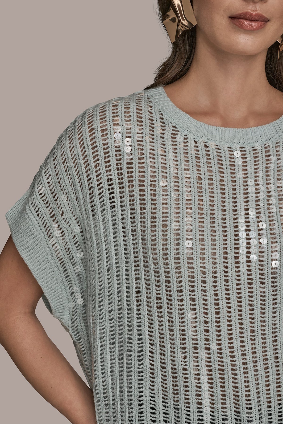 COTTON-BLEND SEQUIN OPEN-KNIT SWEATER