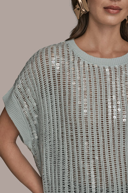 COTTON-BLEND SEQUIN OPEN-KNIT SWEATER