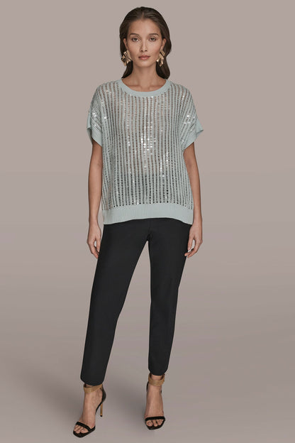 COTTON-BLEND SEQUIN OPEN-KNIT SWEATER