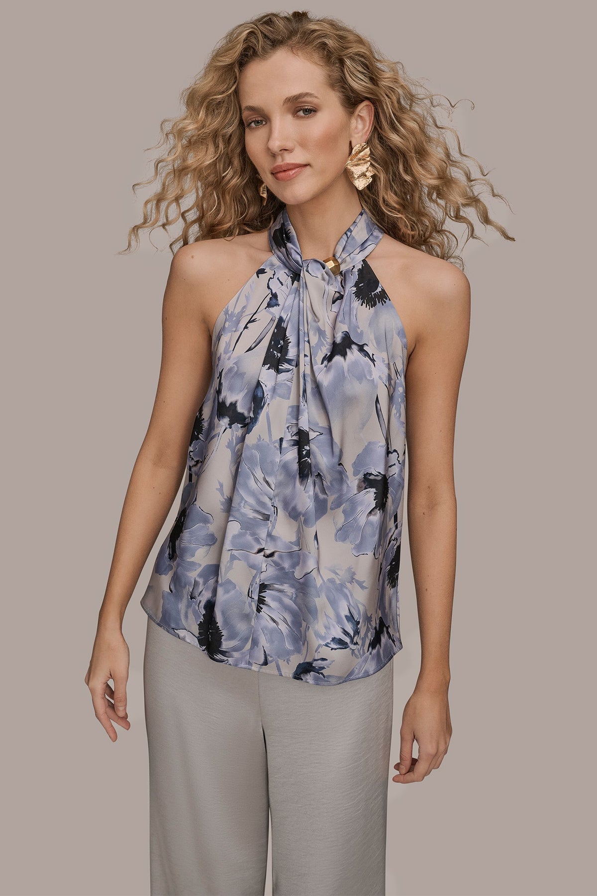SATIN PRINTED TWIST HALTER BLOUSE