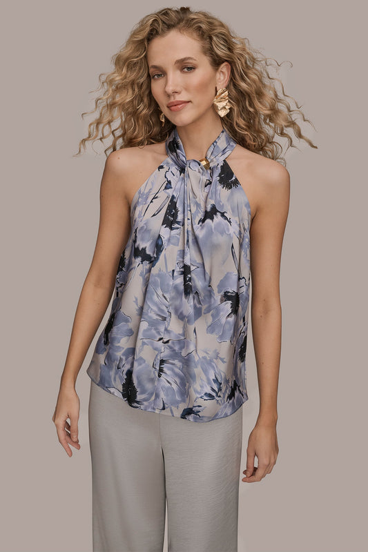 SATIN PRINTED TWIST HALTER BLOUSE