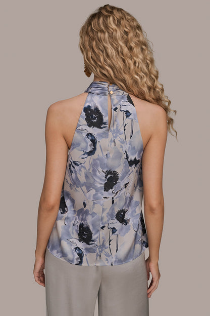 SATIN PRINTED TWIST HALTER BLOUSE
