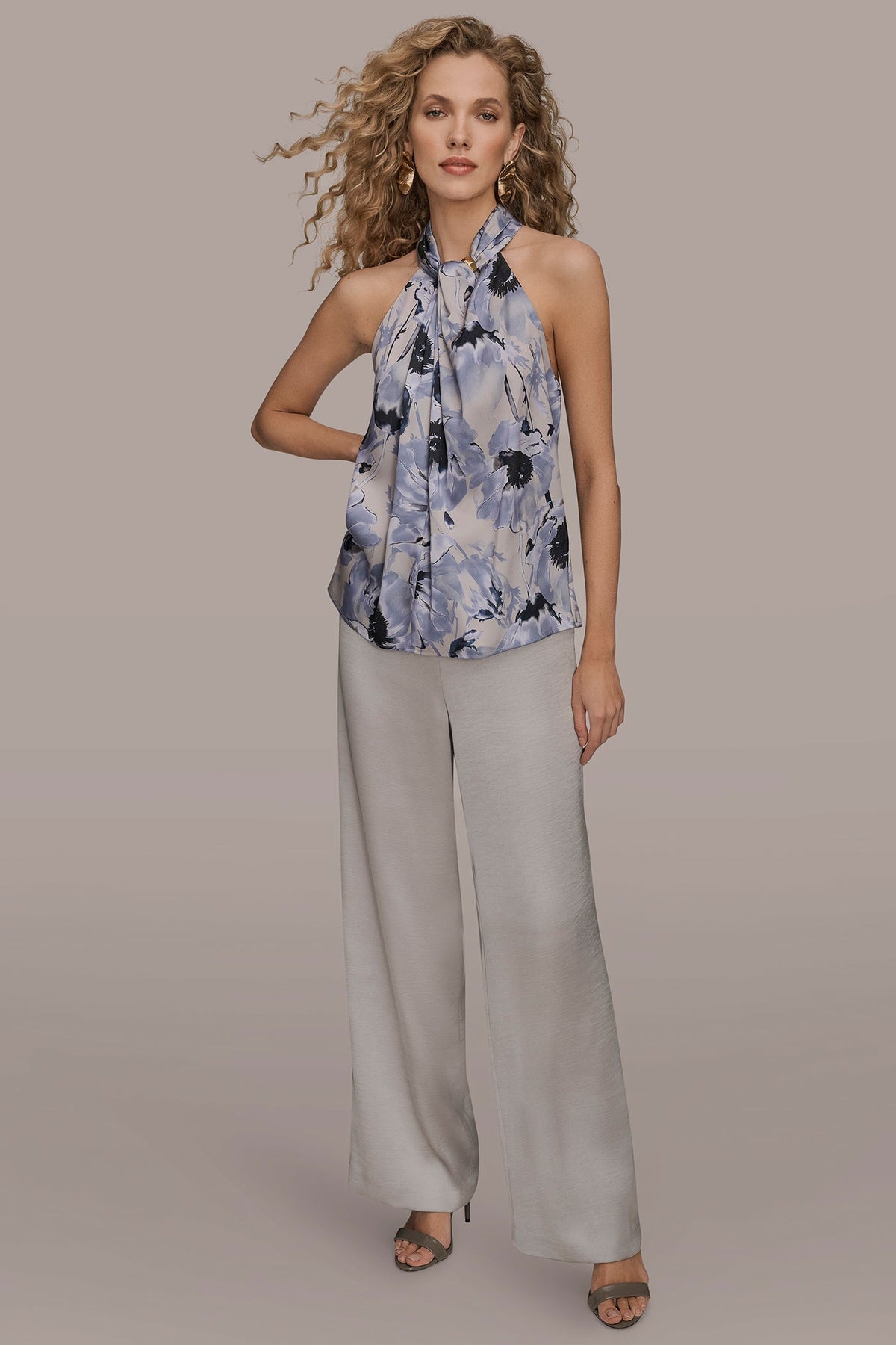 SATIN PRINTED TWIST HALTER BLOUSE